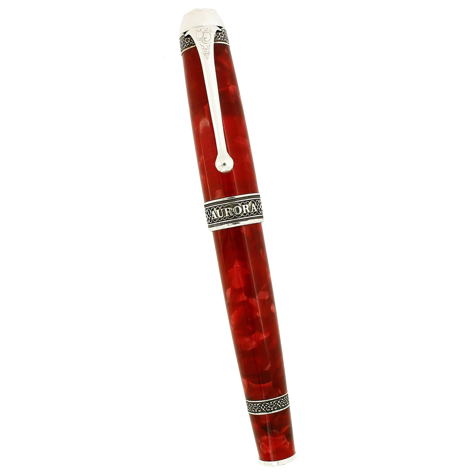 2004 AURORA 85TH ANNIVERSARY LIMITED EDITION STERLING SILVER & RED MARBLED FOUNTAIN PEN NEVER INKED