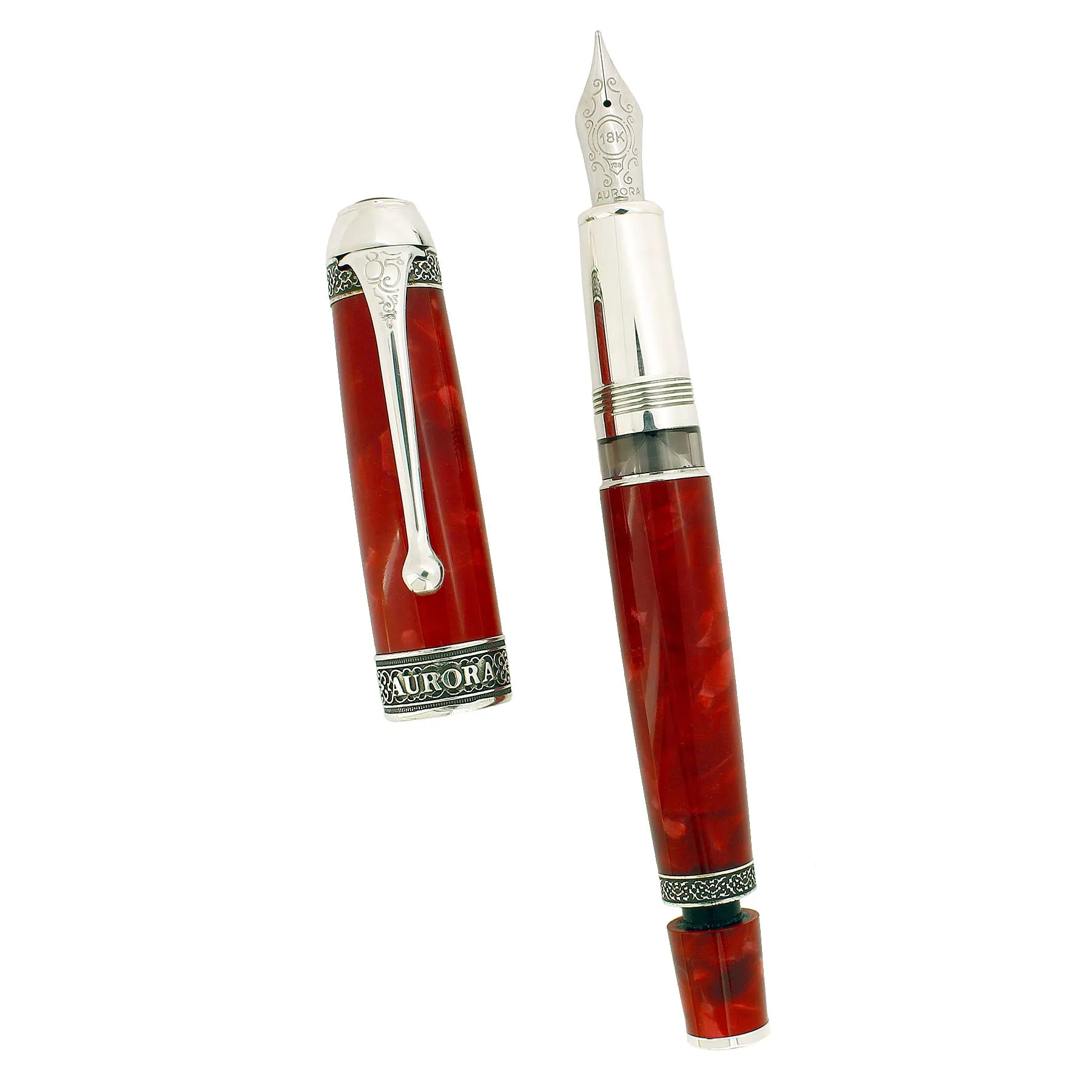 2004 AURORA 85TH ANNIVERSARY LIMITED EDITION STERLING SILVER & RED MARBLED FOUNTAIN PEN NEVER INKED