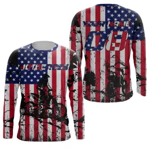 American Flag Motocross Jersey Personalized Name Patriotic MX Racing Motorcycle Jersey, Flag 3D Long Sleeve Shirt