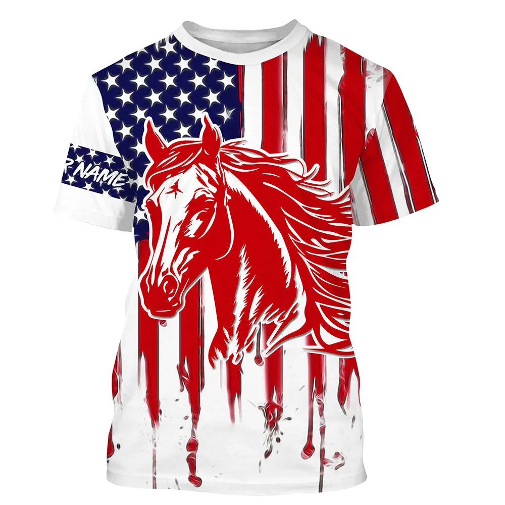 American Flag Pattern Patriotic Horse 3D Long Sleeve Shirt, Horse Flag Shirt for Men Women