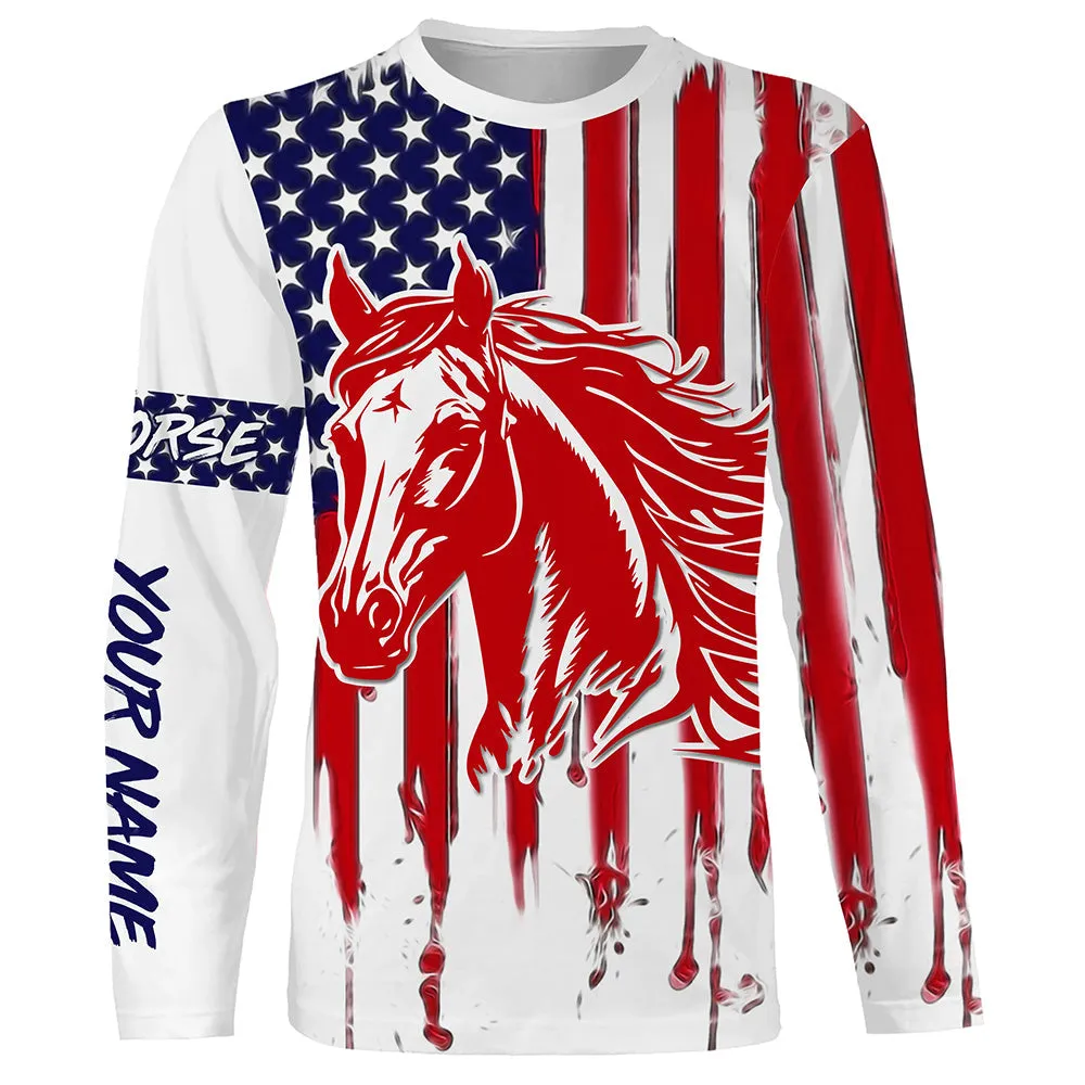 American Flag Pattern Patriotic Horse 3D Long Sleeve Shirt, Horse Flag Shirt for Men Women