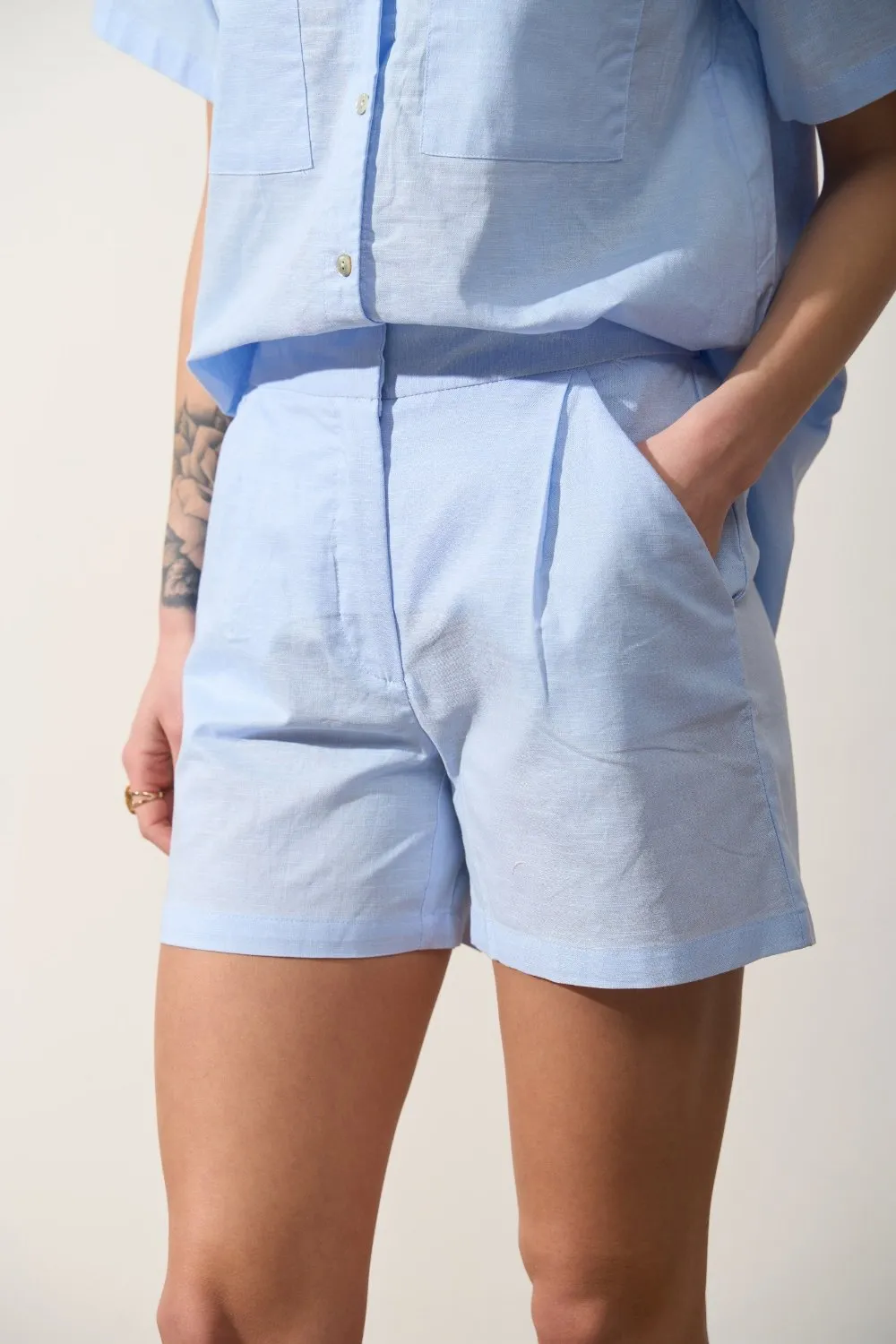 Blue Linen Blend Shorts