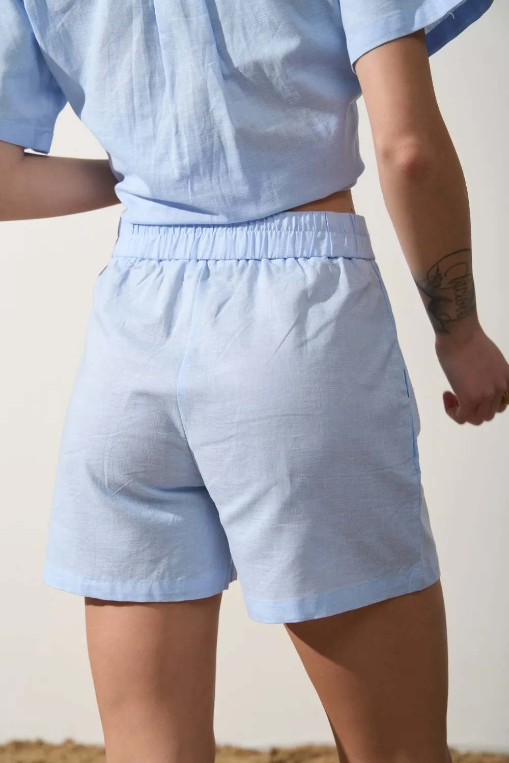 Blue Linen Blend Shorts