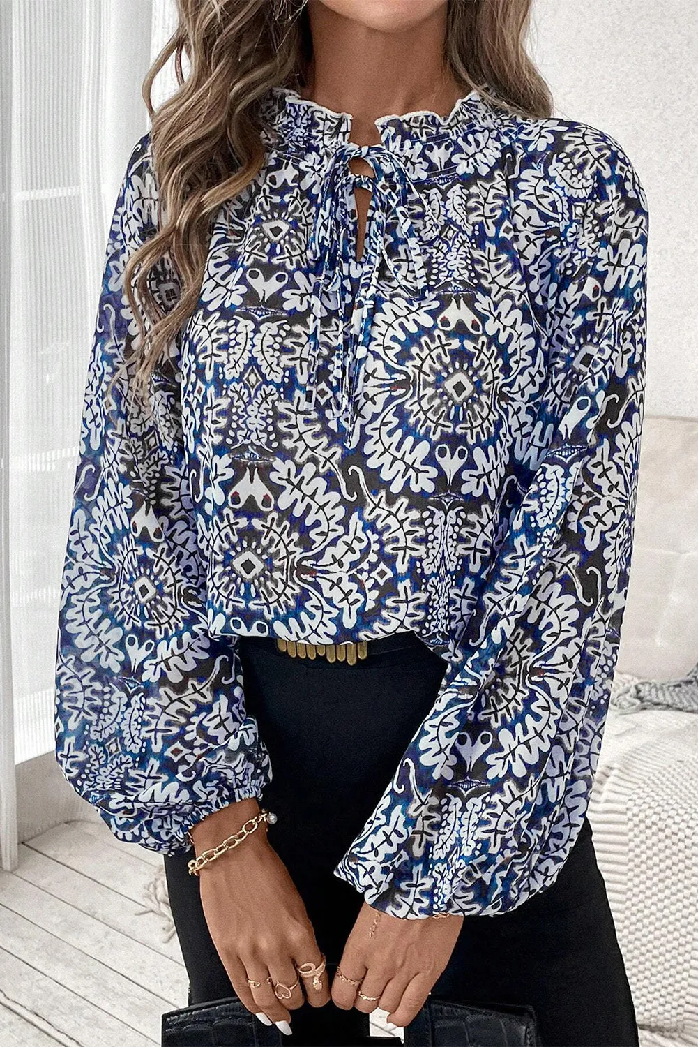 Boho Lace-Up Puff Sleeve Blouse