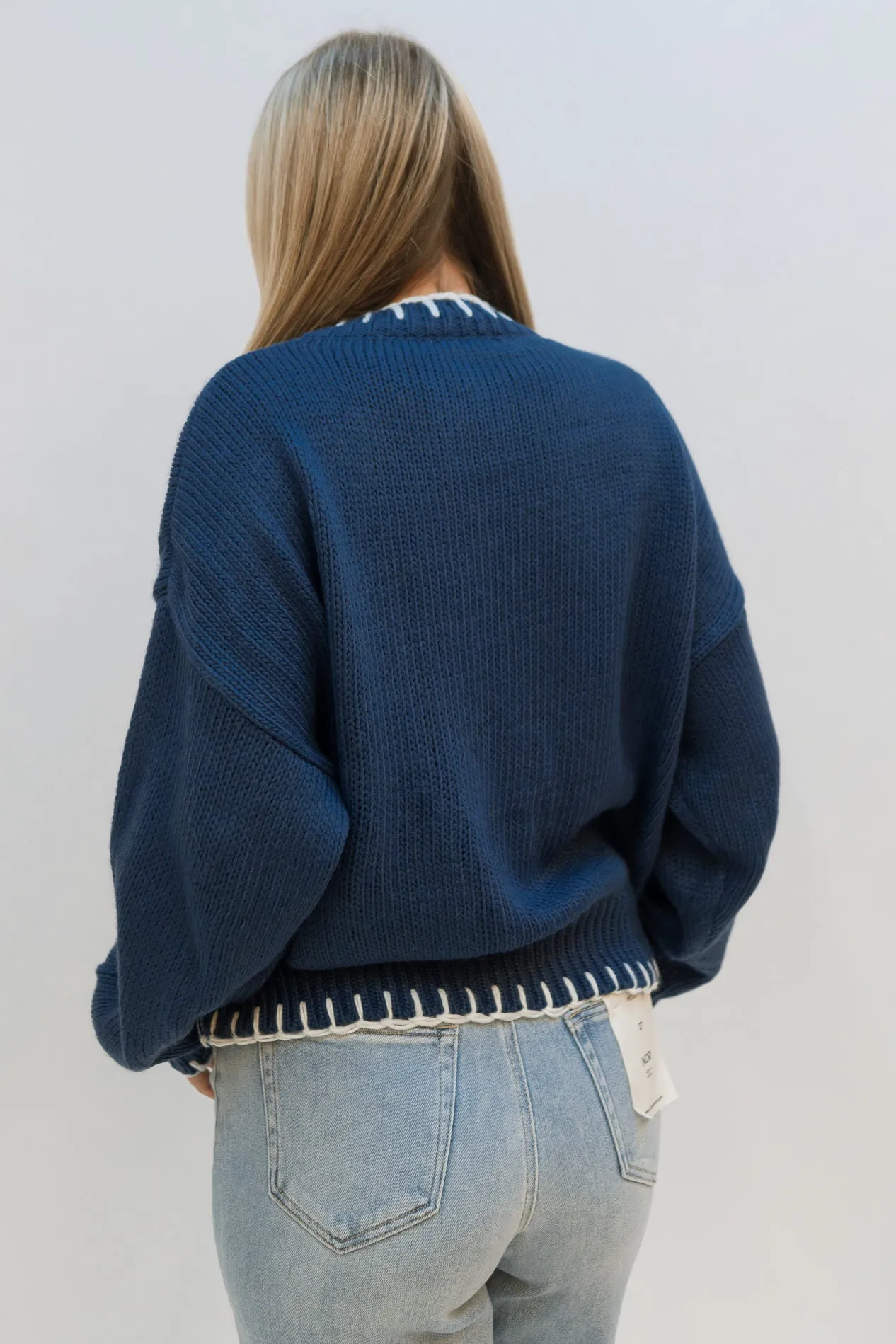 Bow Stitched Hem Sweater - Blue