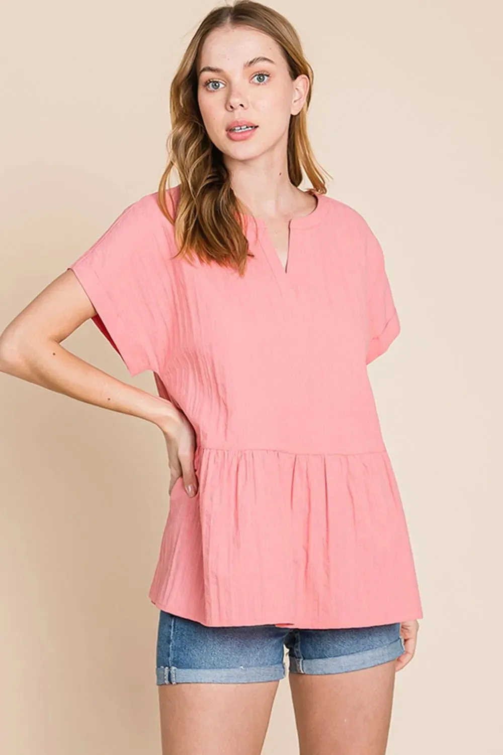 by Nu Label Notched Short Sleeve Peplum Top