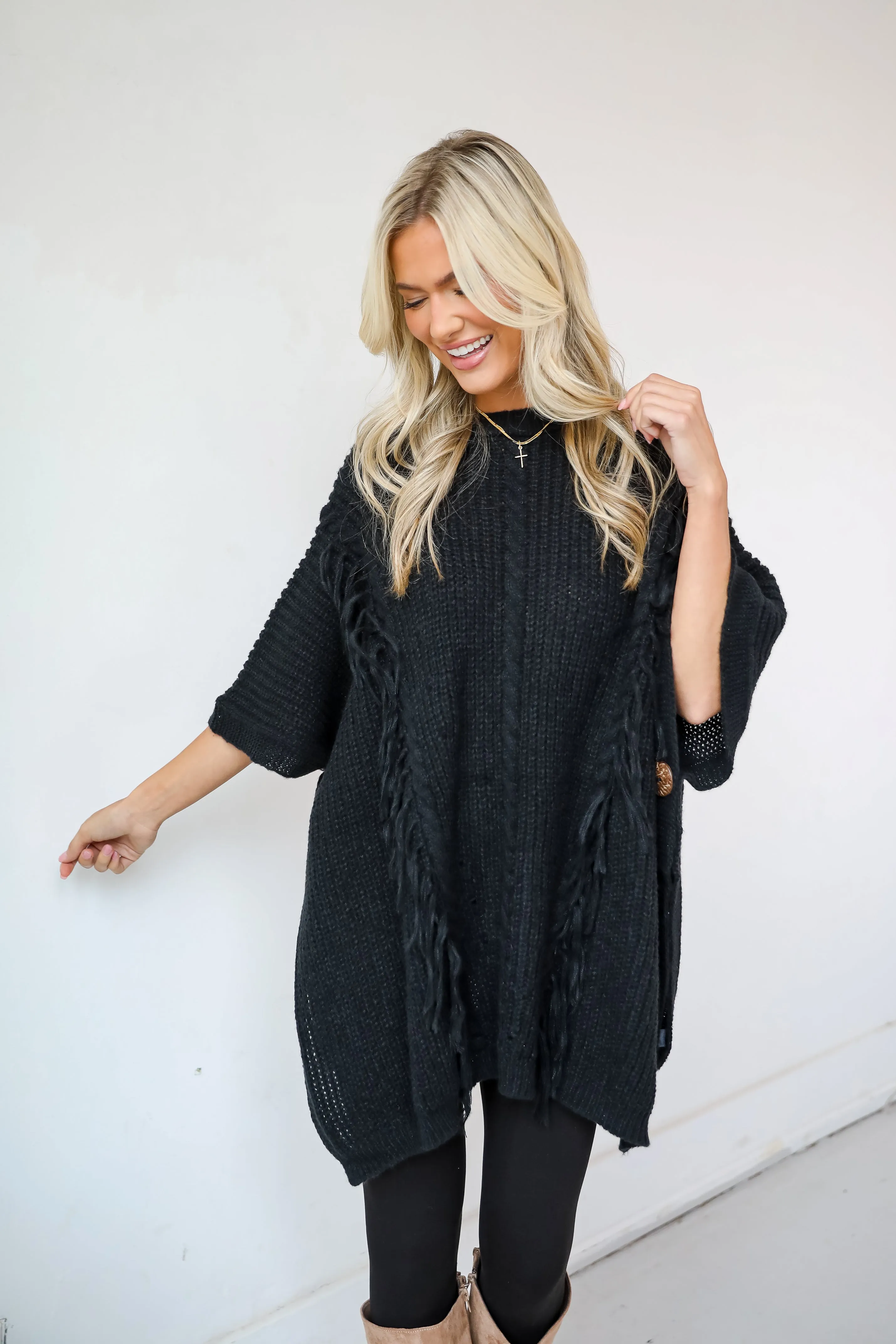 Chic Warmth Black Knit Poncho - DOORBUSTER