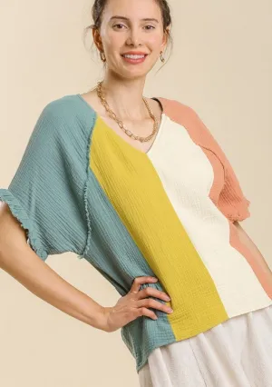 Color Block Cotton Gauze Top, Mint