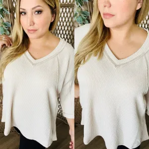 Corded Rib 3/4 Sleeve Hi-Low V Neck Top: Sand Beige