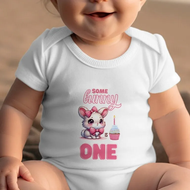 Cute Bunny First Birthday T-Shirt, Girls' Pink Bow Cupcake Tee, One Year Celebration Outfit, Girl Birthday