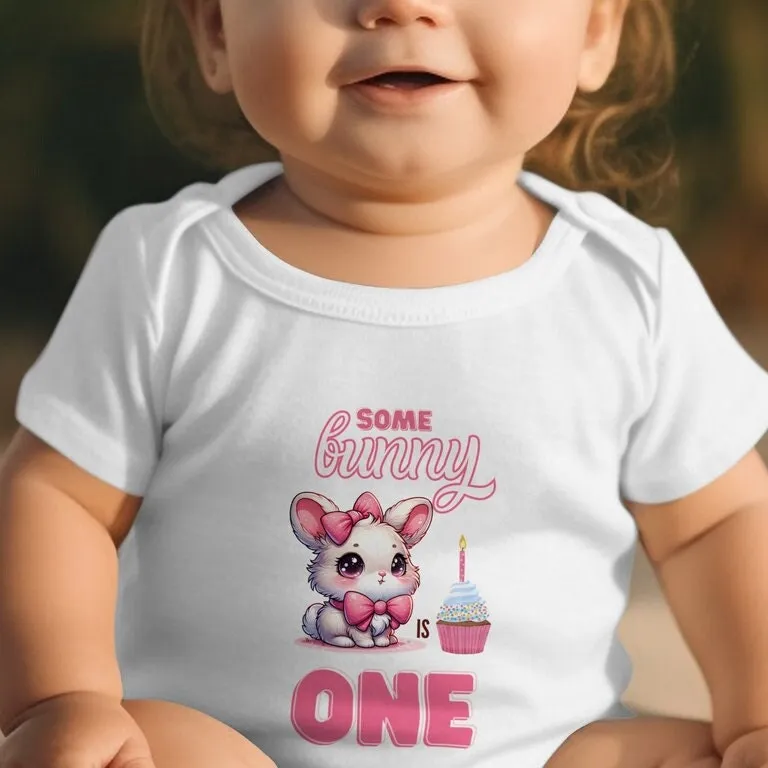 Cute Bunny First Birthday T-Shirt, Girls' Pink Bow Cupcake Tee, One Year Celebration Outfit, Girl Birthday