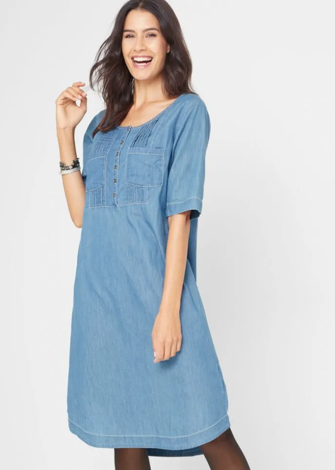 Denim dress covering the knees made of natural cotton with half sleeves Bpc Bonprix Collection ,  orange