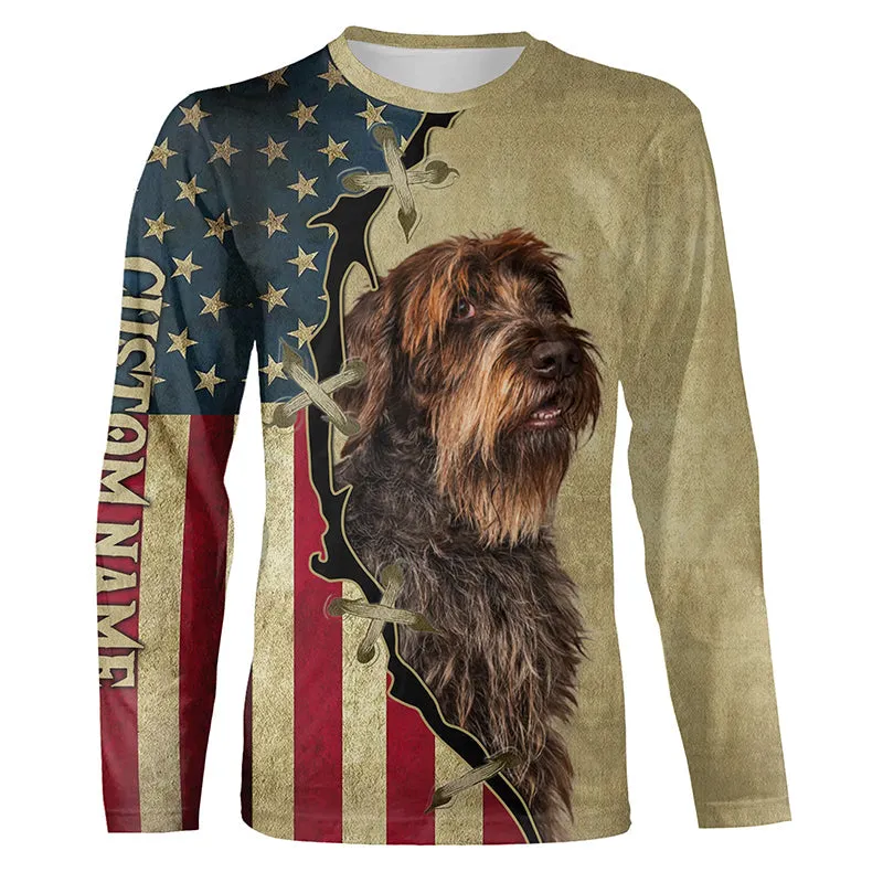 Deutsch Drahthaar American Flag Long Sleeve Shirt, Custom Name Dog Lover Christmas Shirt