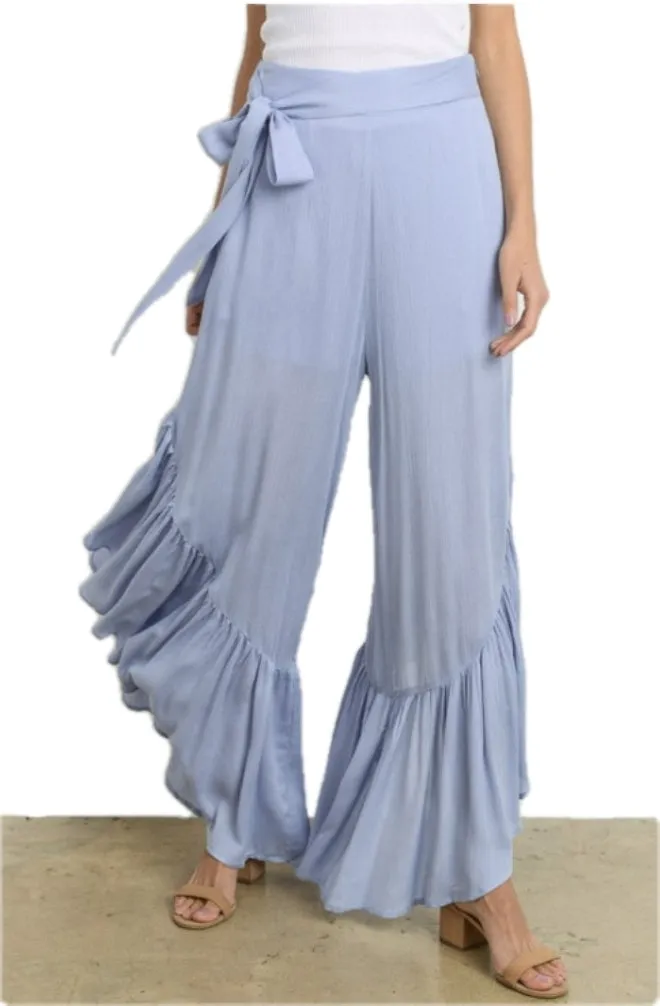 Dusty Blue Ruffle Pants