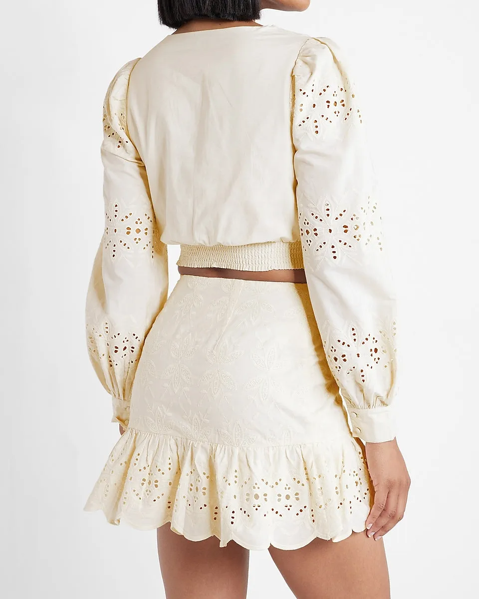 Embroidered Eyelet Ruffle Mini Skirt in Swan