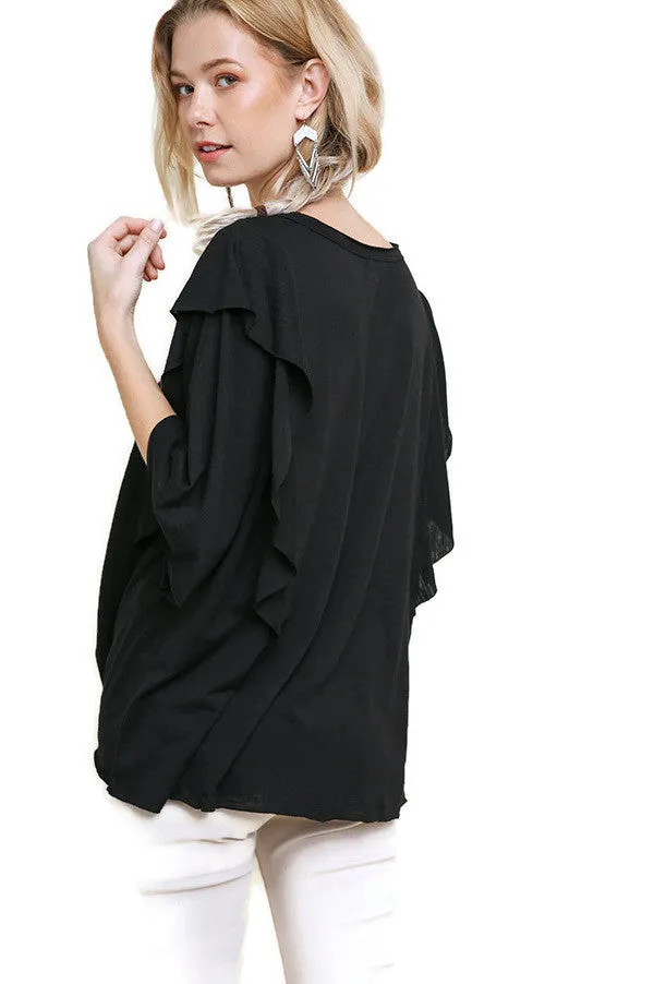 Embroidered Ruffled Sleeve Knot Top