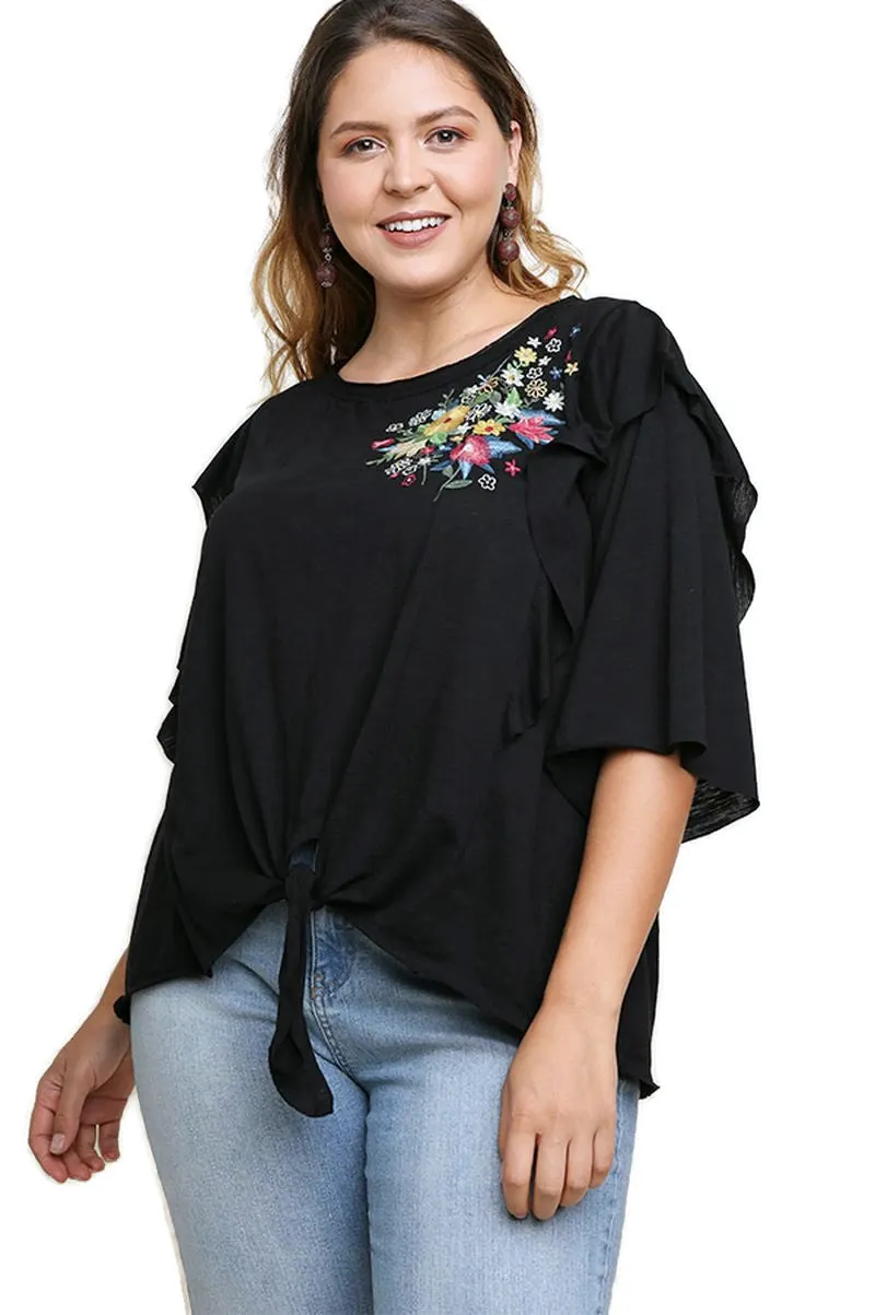 Embroidered Ruffled Sleeve Knot Top