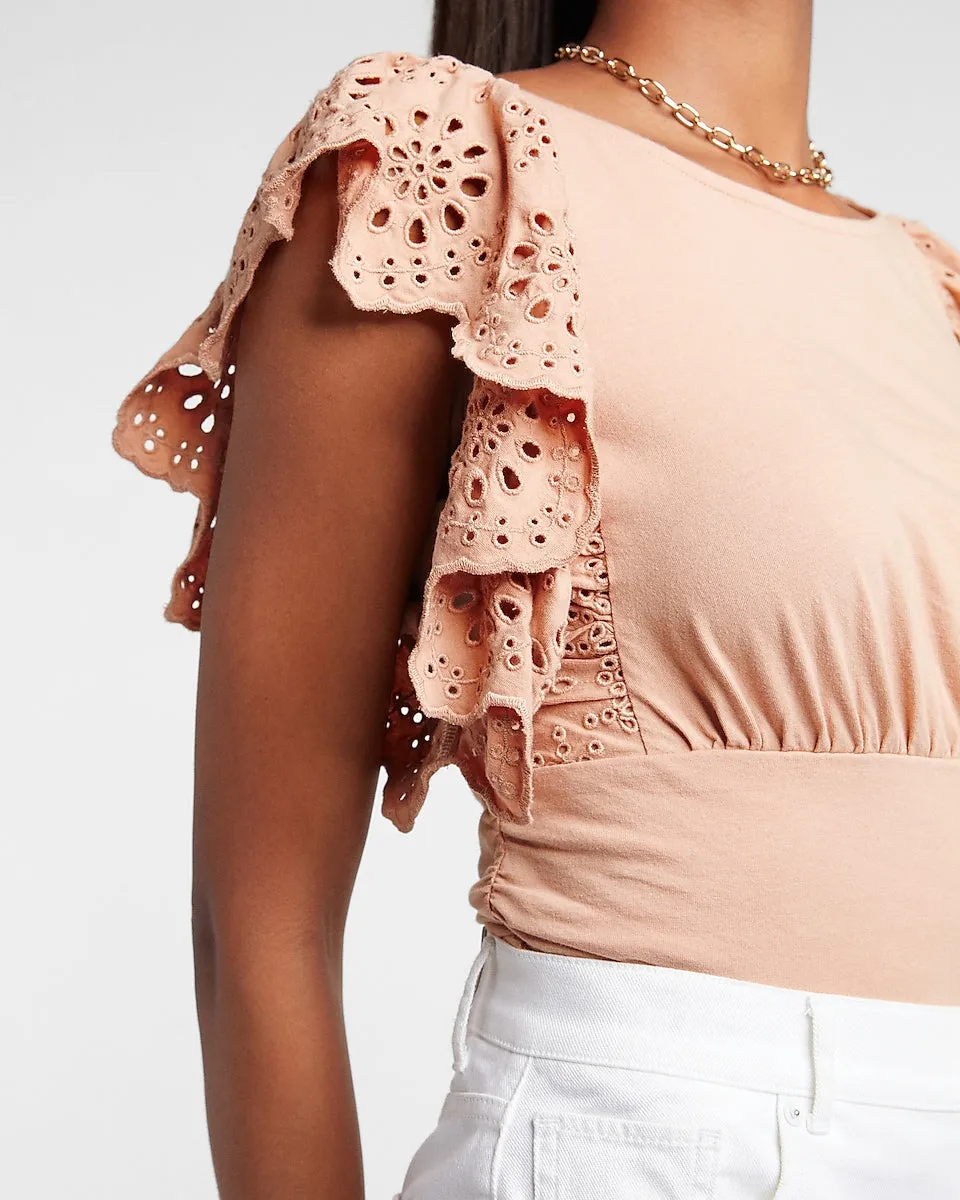 Eyelet Lace Sleeve Banded Bottom Tee in Orange