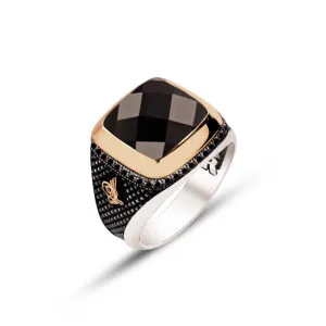 Facet Cut Black Zircon Stone Square Silver Men’s Ring Siding Zircons and Black Diamond Pattern and Ottoman Tughra