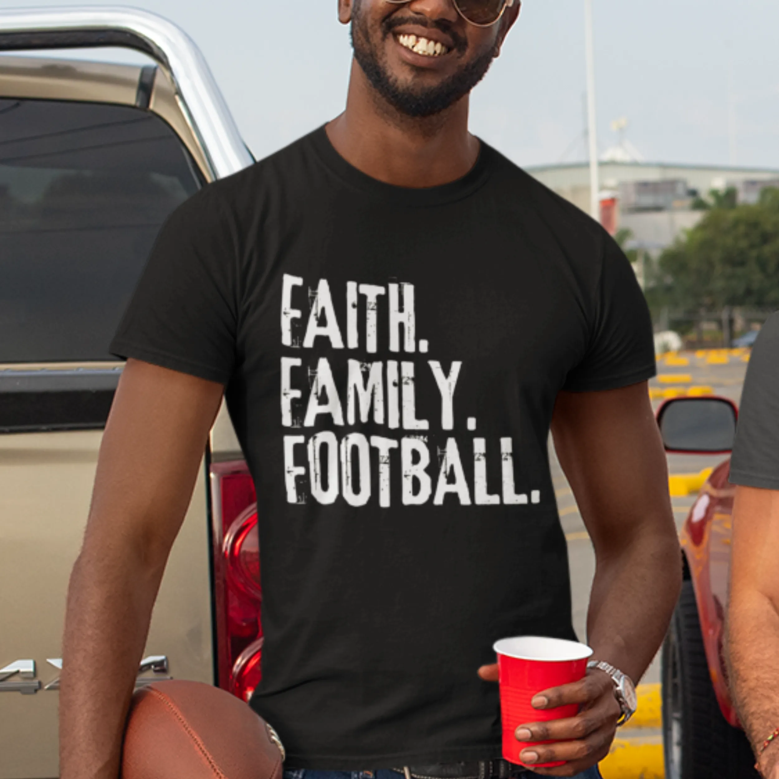 Faith Family Football Unisex Garment-Dyed T-shirt, Men's or Women's Football Tee, Distressed Design Football Season Shirt, Great Gift for Dad, Gift for Football Fan