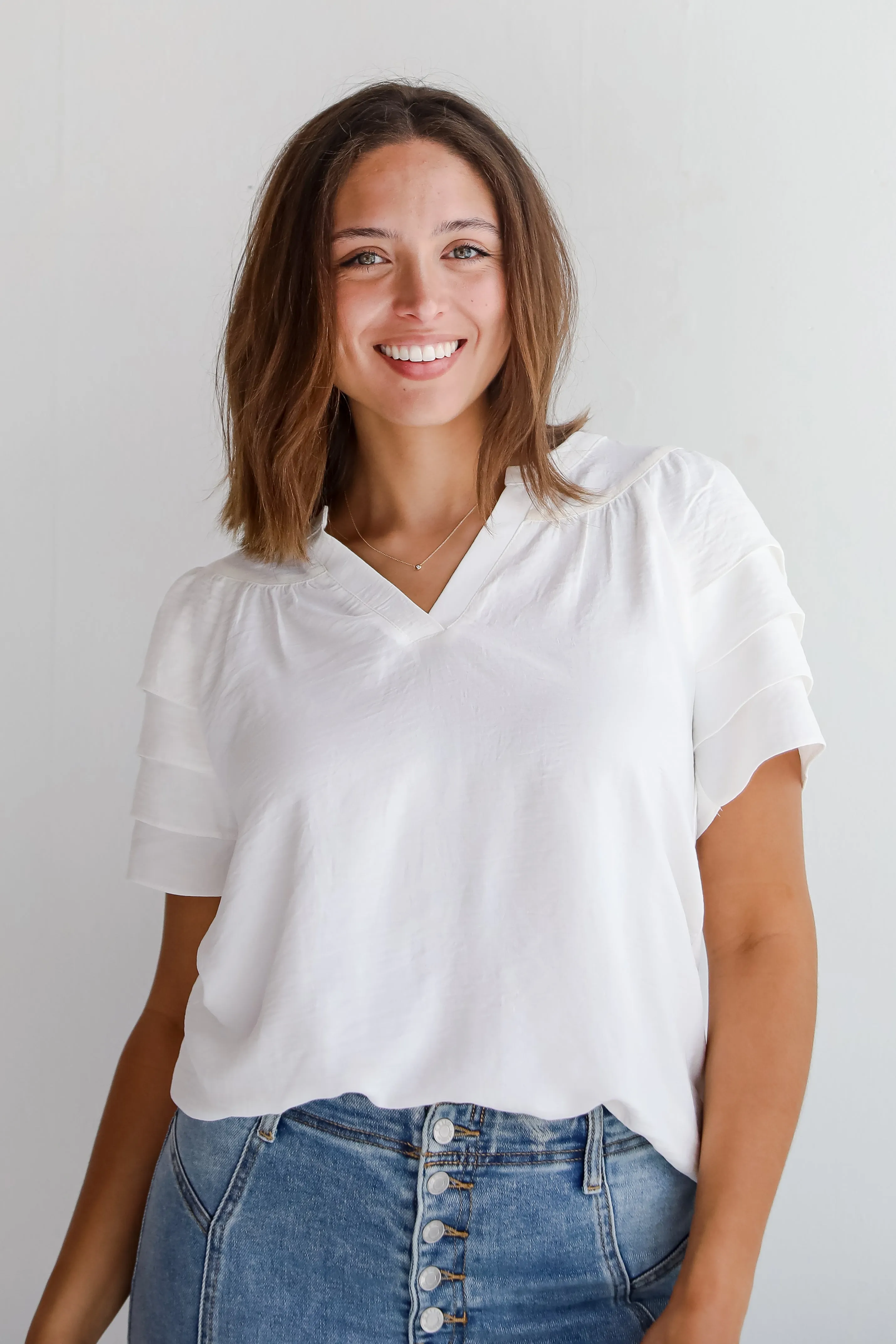 FINAL SALE - Adorably Captivating Off White Ruffle Sleeve Blouse