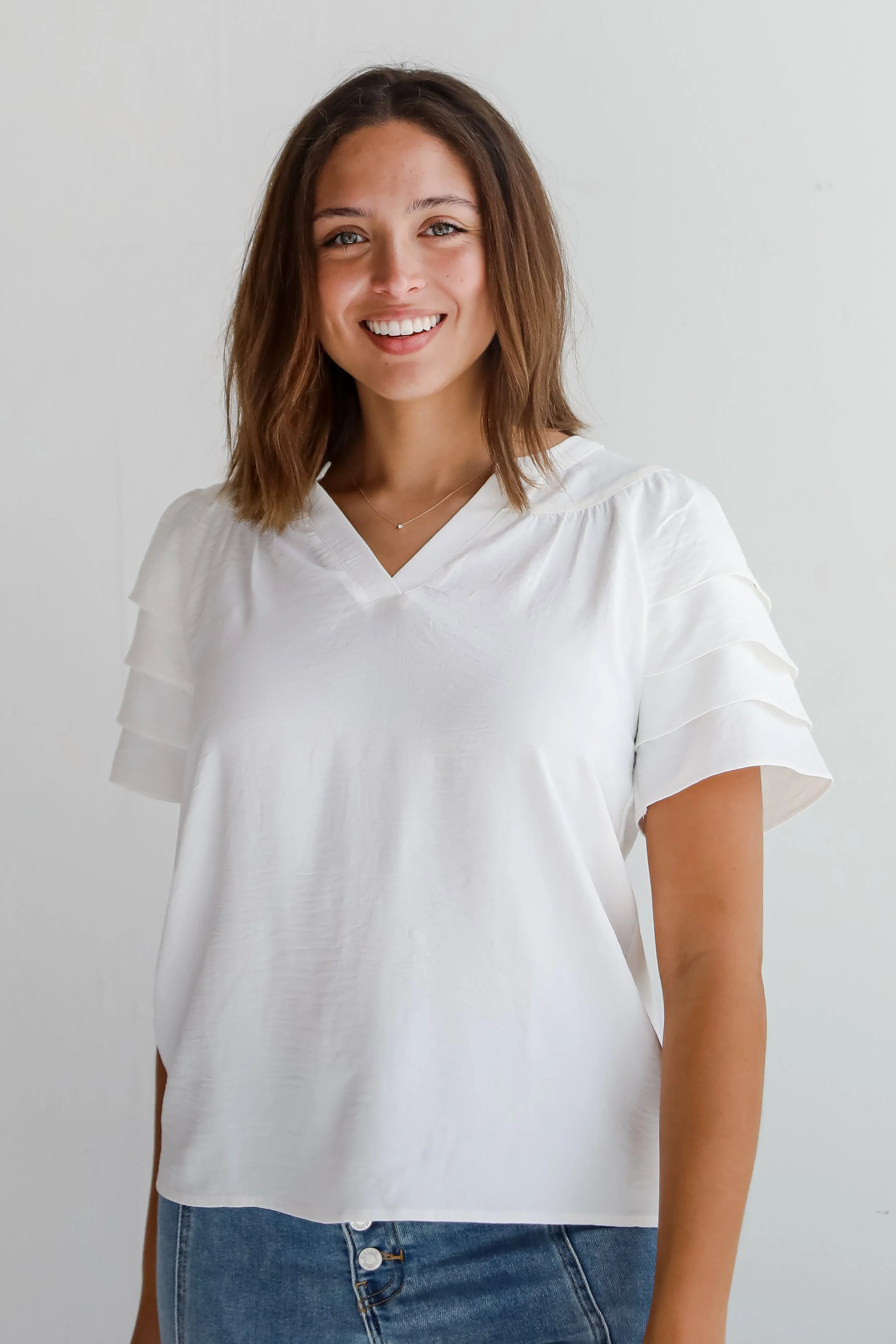 FINAL SALE - Adorably Captivating Off White Ruffle Sleeve Blouse