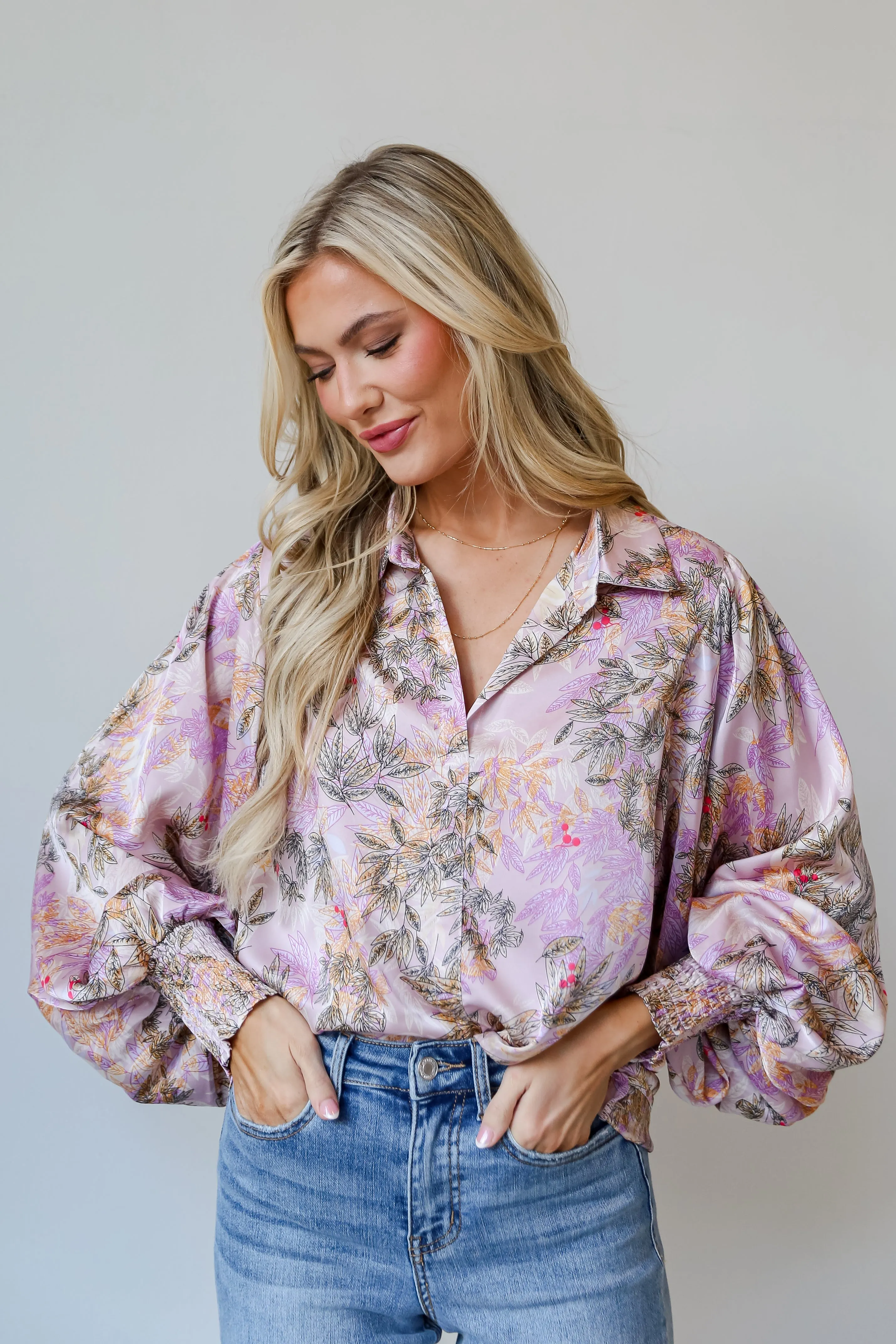 FINAL SALE - Exclusive Glamour Lavender Satin Floral Blouse