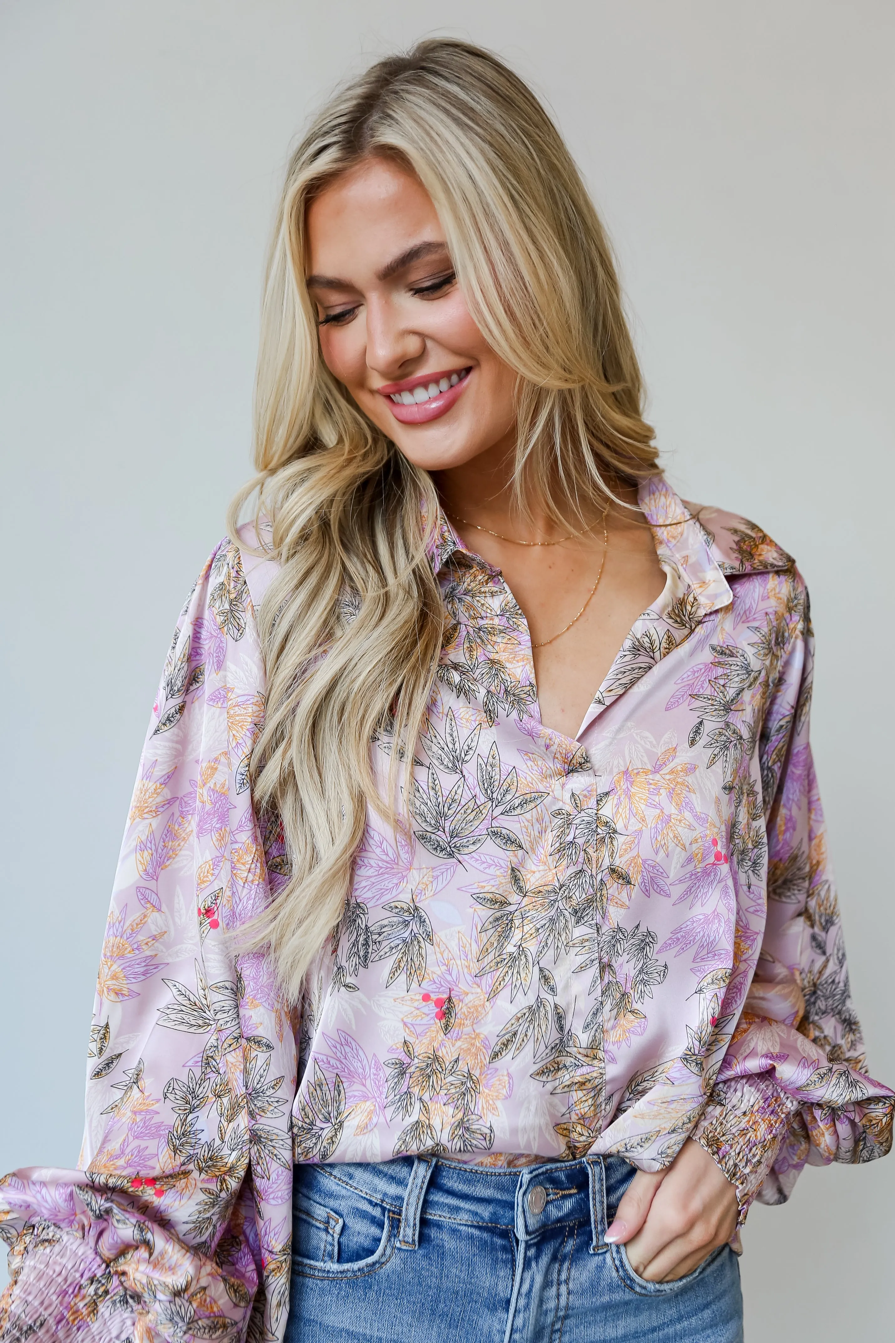 FINAL SALE - Exclusive Glamour Lavender Satin Floral Blouse