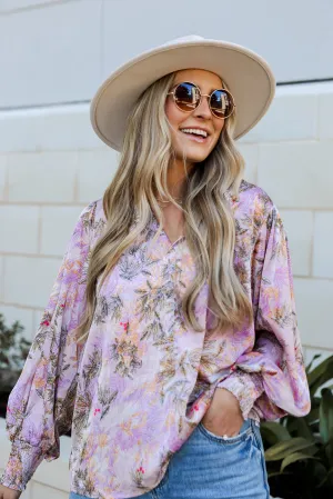 FINAL SALE - Exclusive Glamour Lavender Satin Floral Blouse