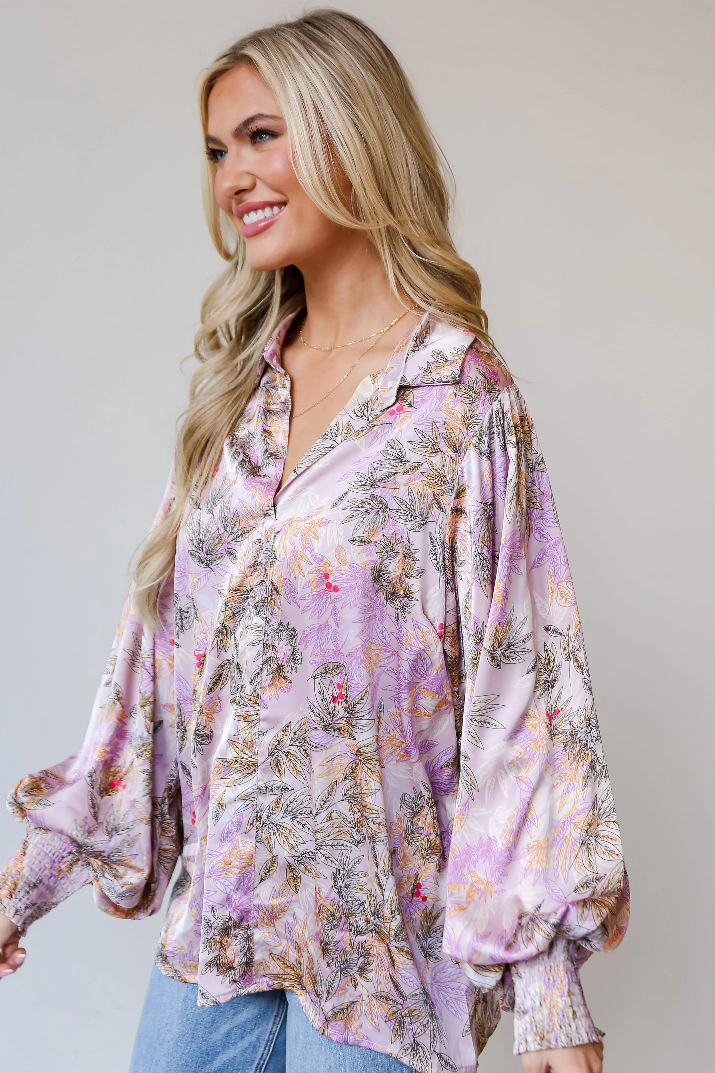 FINAL SALE - Exclusive Glamour Lavender Satin Floral Blouse