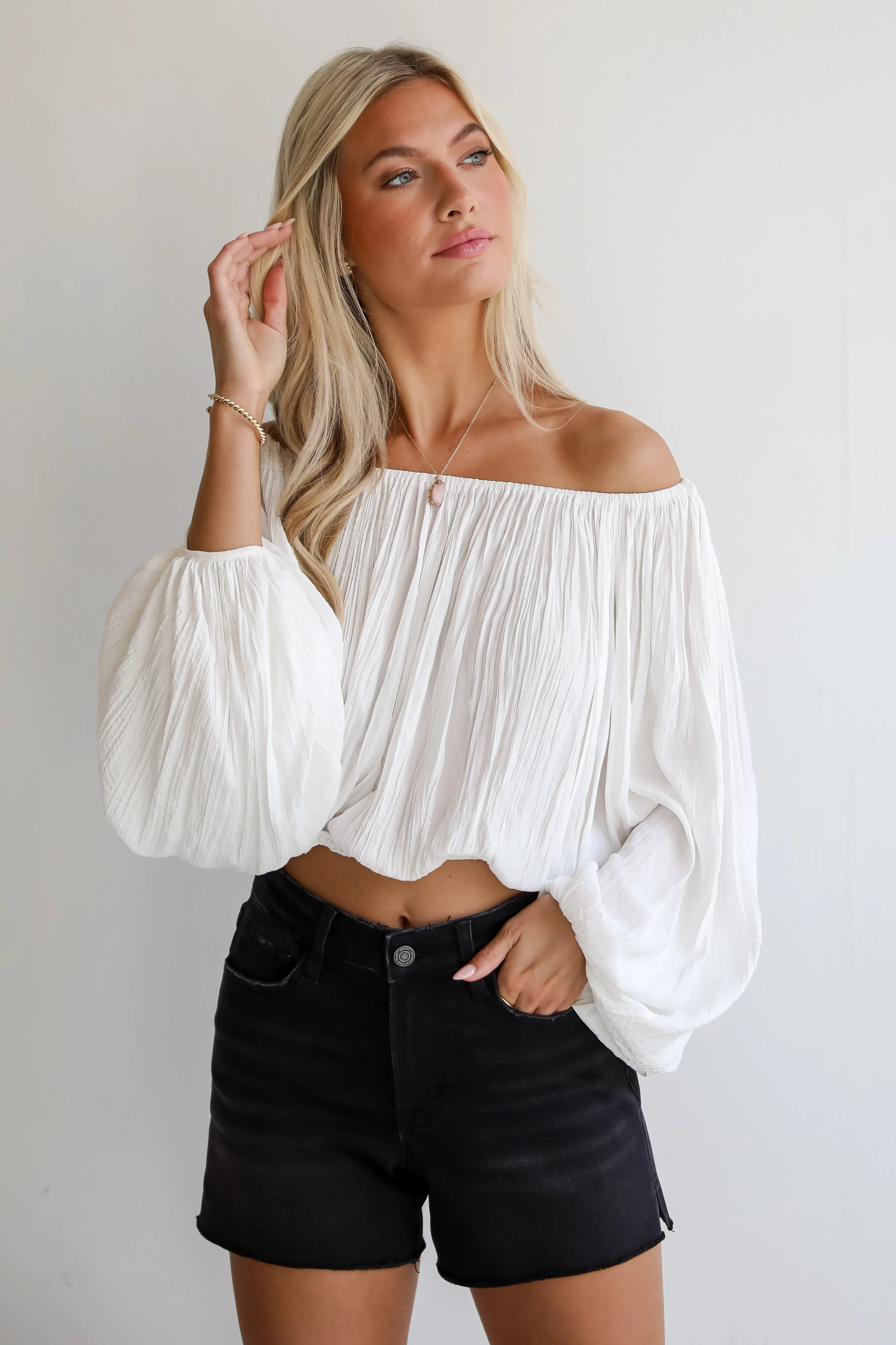 FINAL SALE - Stunning Promise White Satin Off-The-Shoulder Blouse