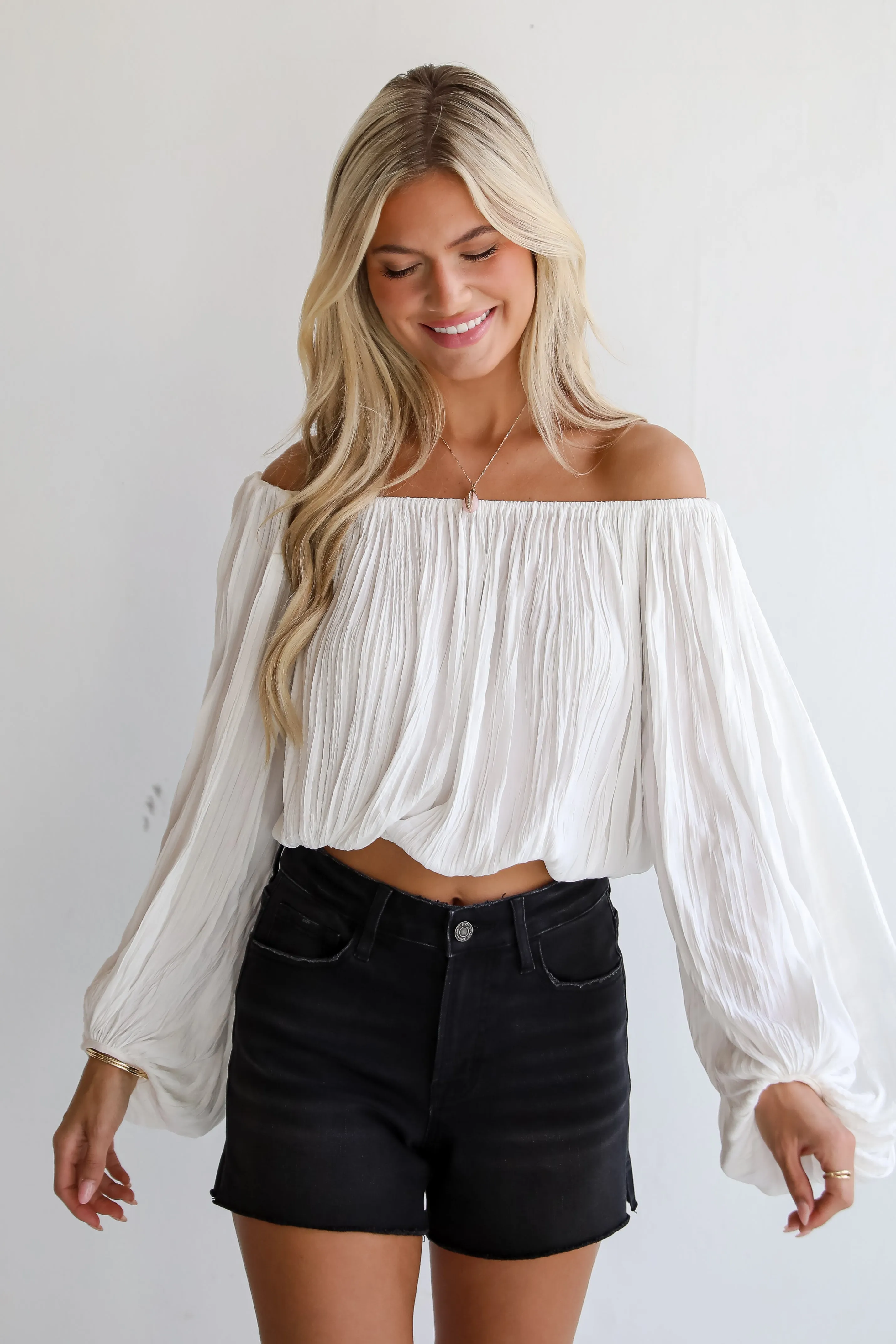 FINAL SALE - Stunning Promise White Satin Off-The-Shoulder Blouse