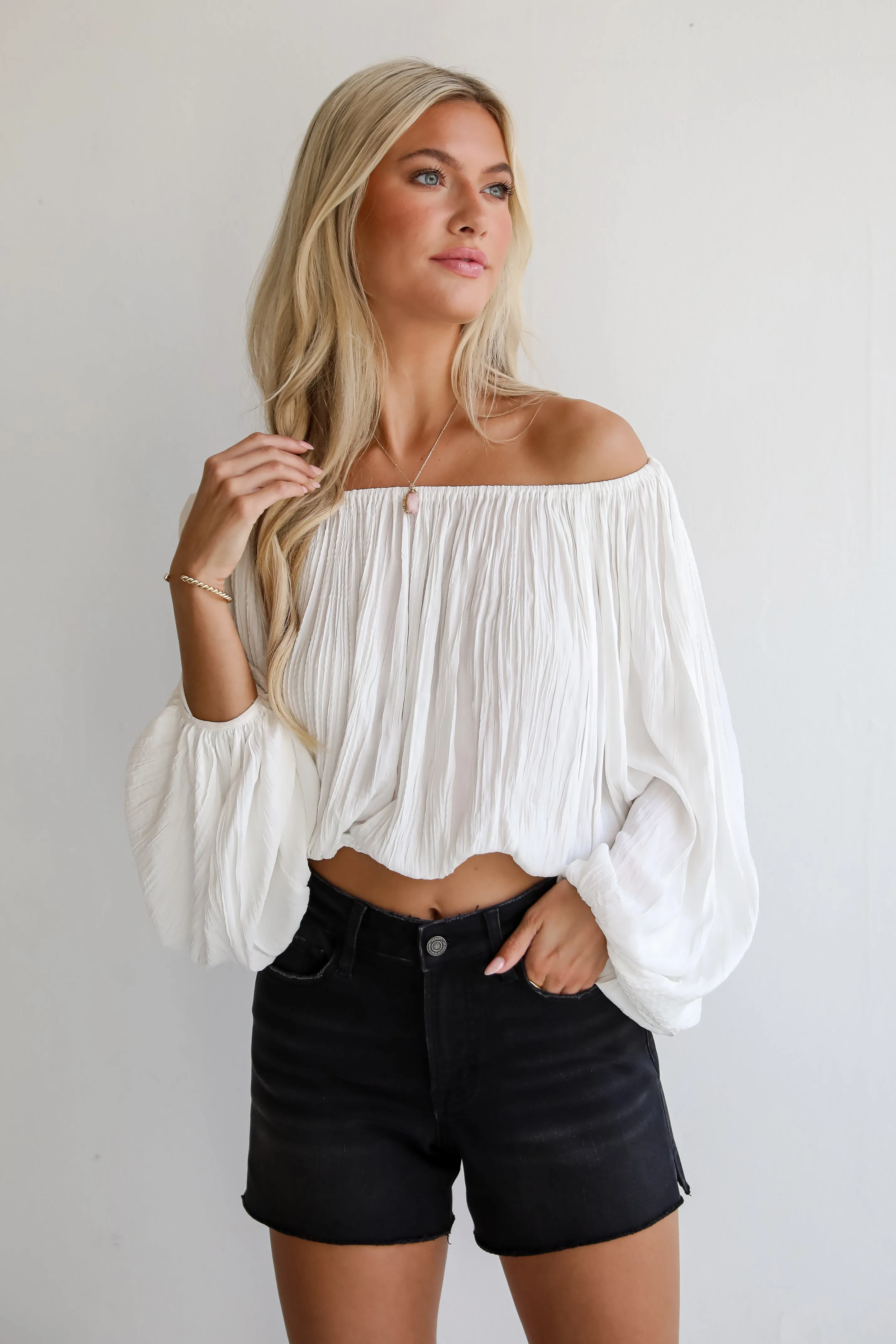 FINAL SALE - Stunning Promise White Satin Off-The-Shoulder Blouse