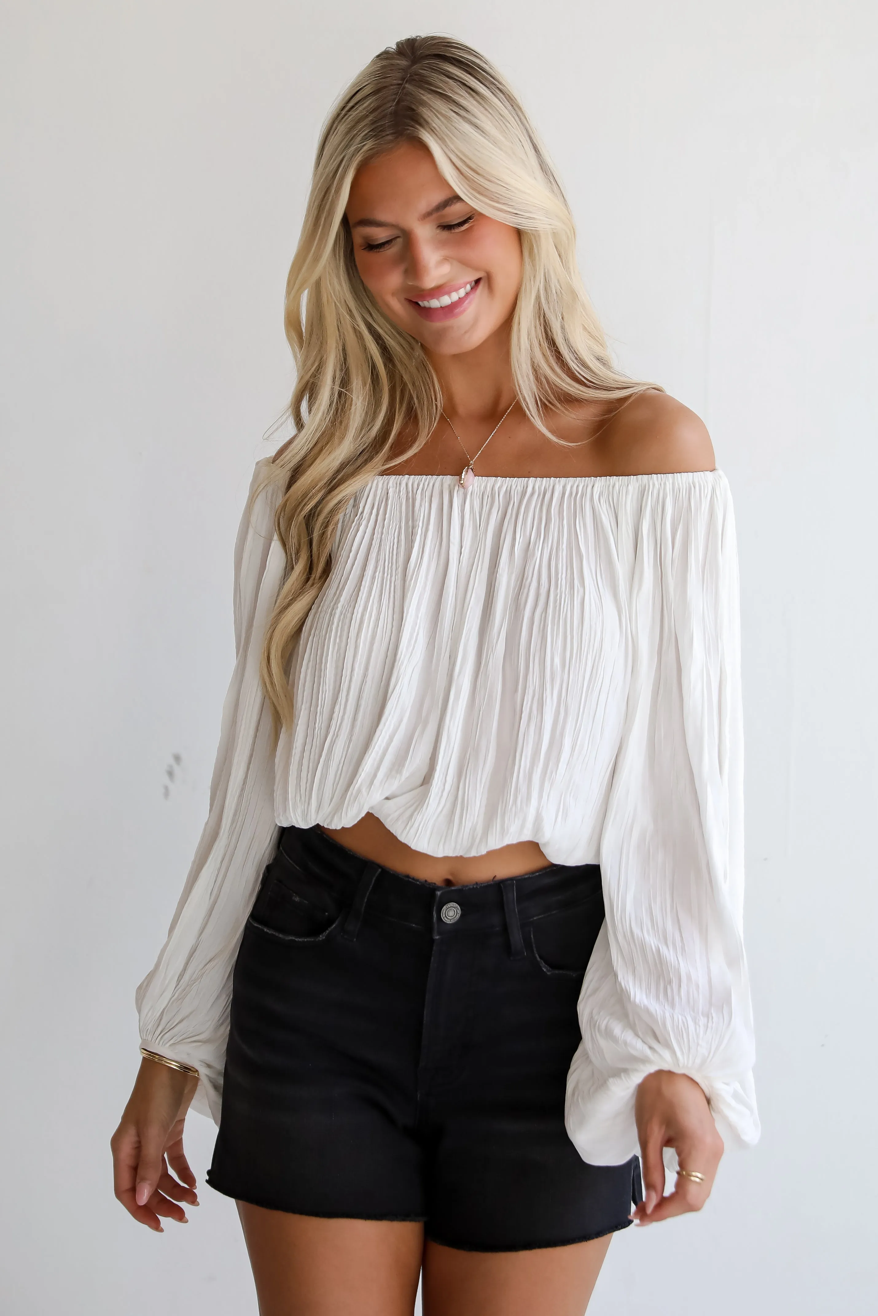 FINAL SALE - Stunning Promise White Satin Off-The-Shoulder Blouse