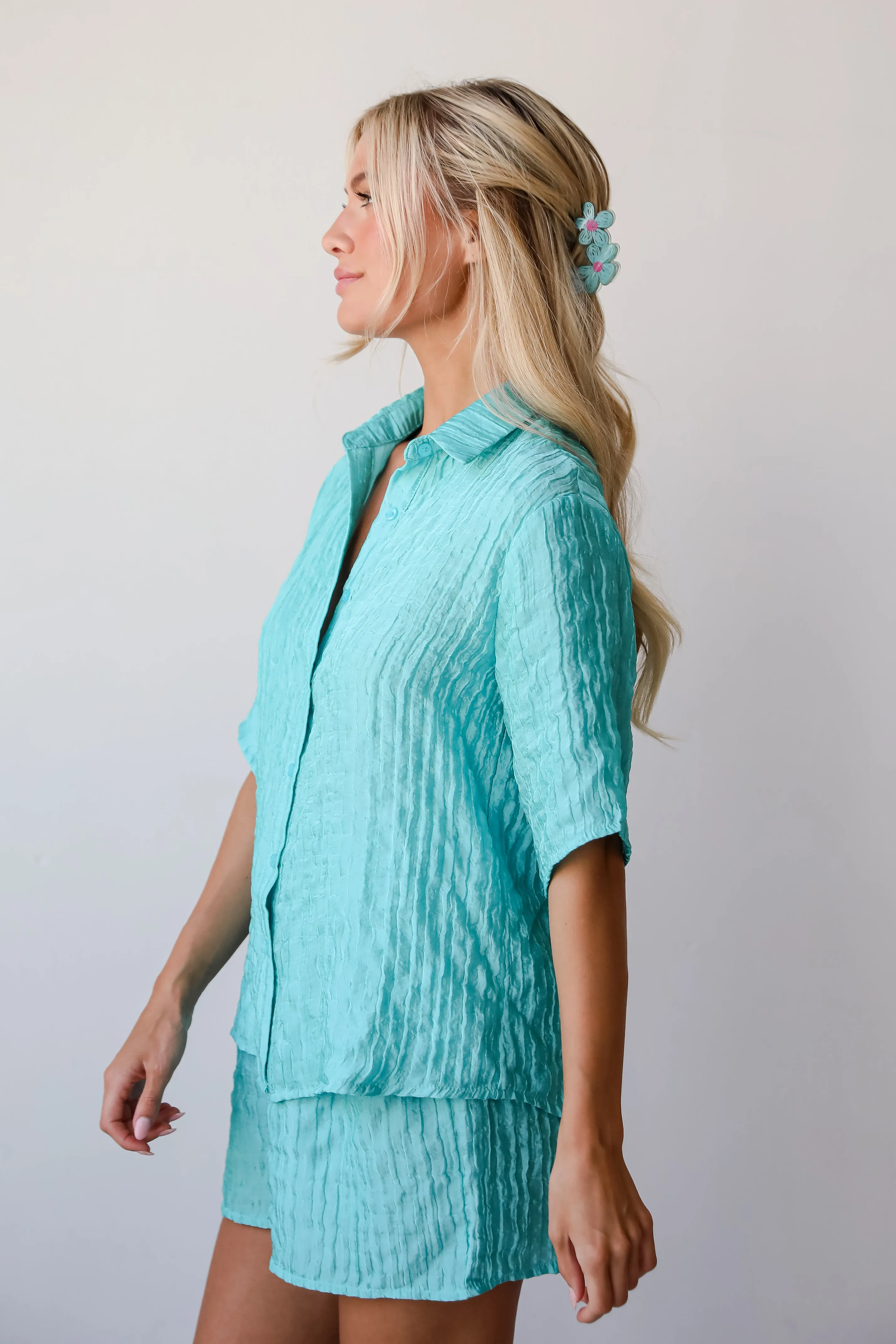 FINAL SALE - Sweetly Effortless Mint Satin Textured Blouse