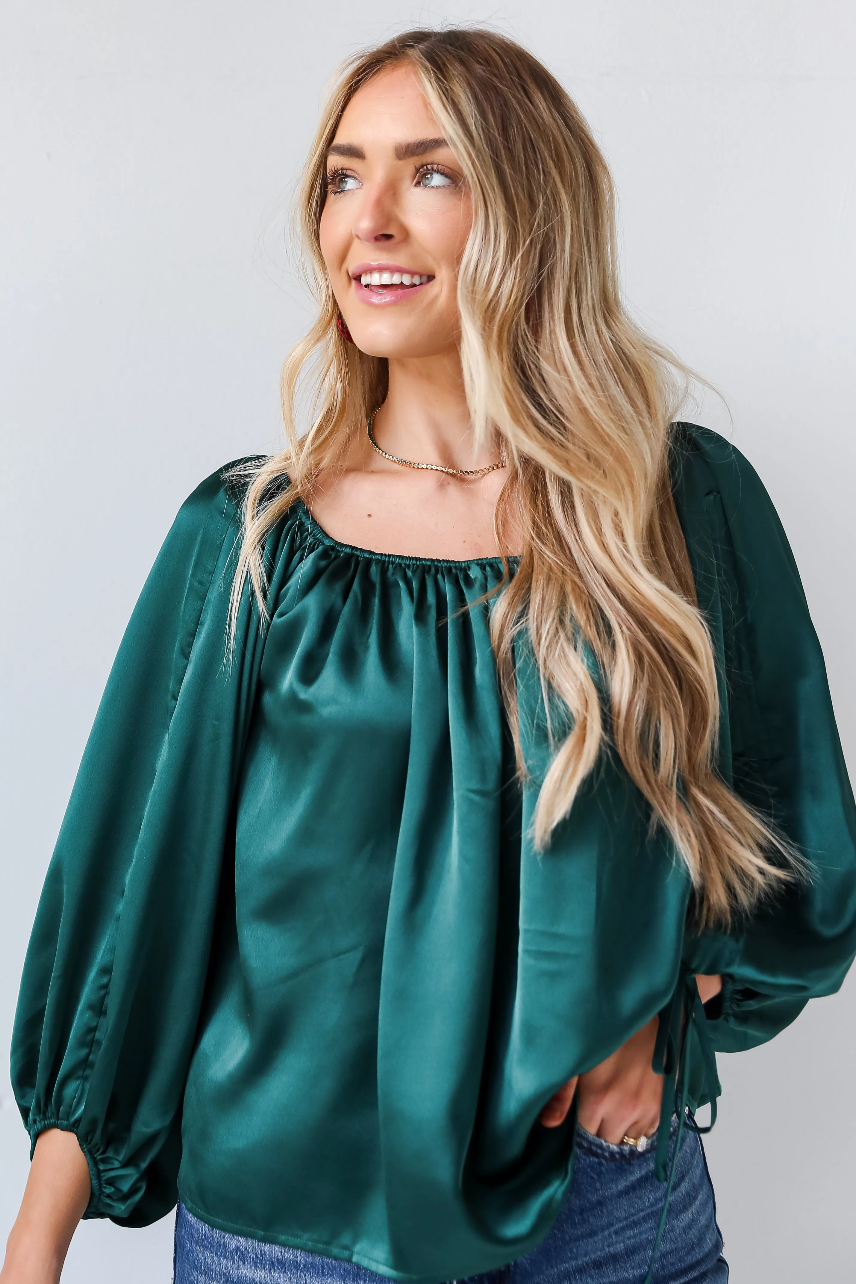 FINAL SALE - Utterly Enchanted Hunter Green Satin Blouse