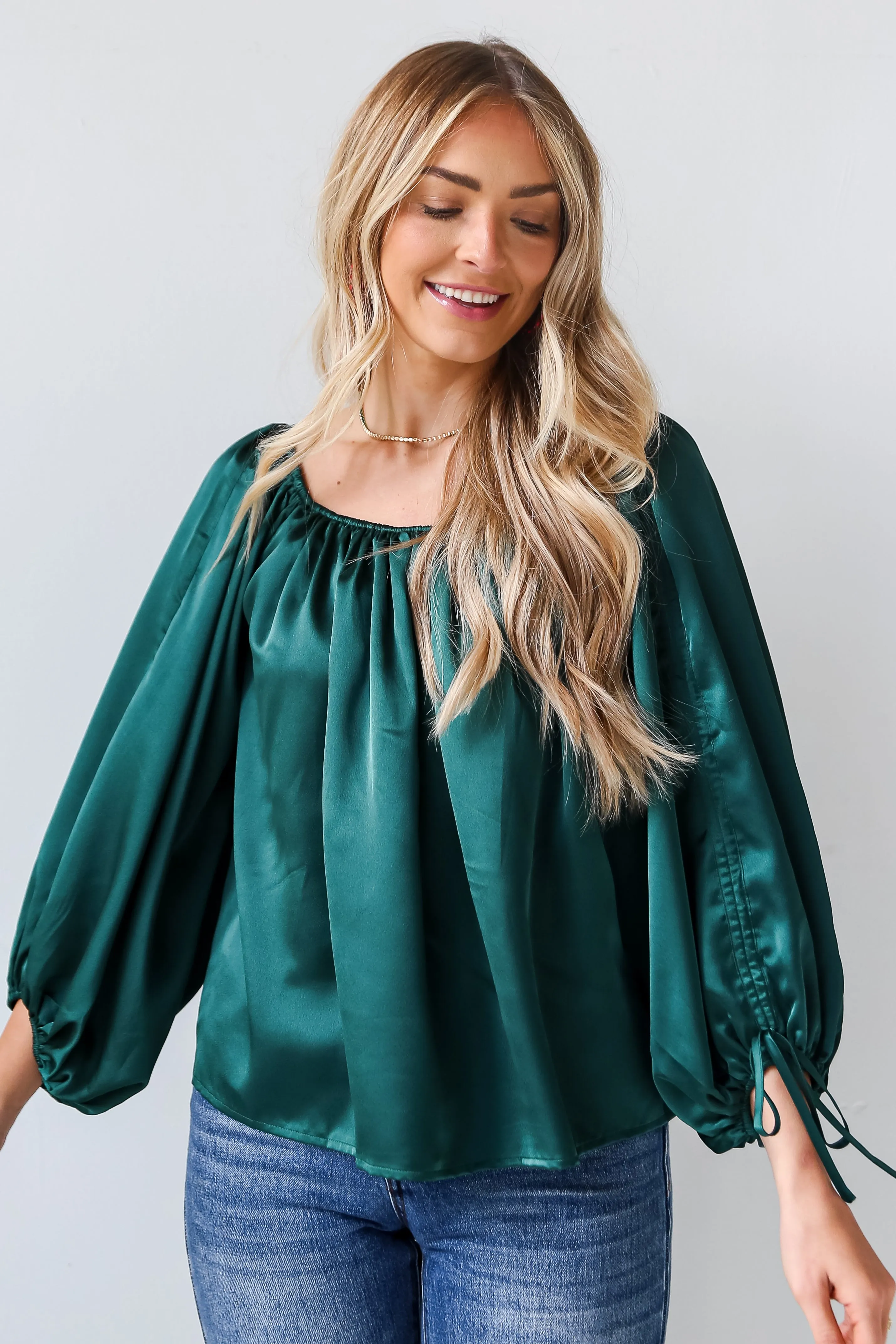 FINAL SALE - Utterly Enchanted Hunter Green Satin Blouse