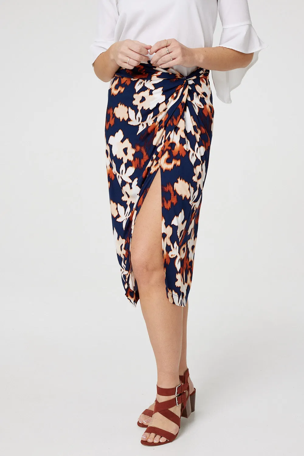 Floral Ruched High Waist Midi Skirt