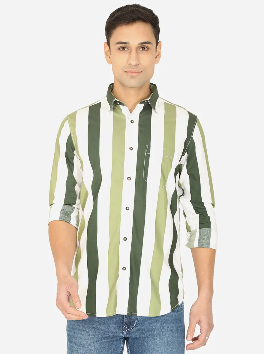 Forest Green & White Striped Slim Fit Semi Casual Shirt | JadeBlue