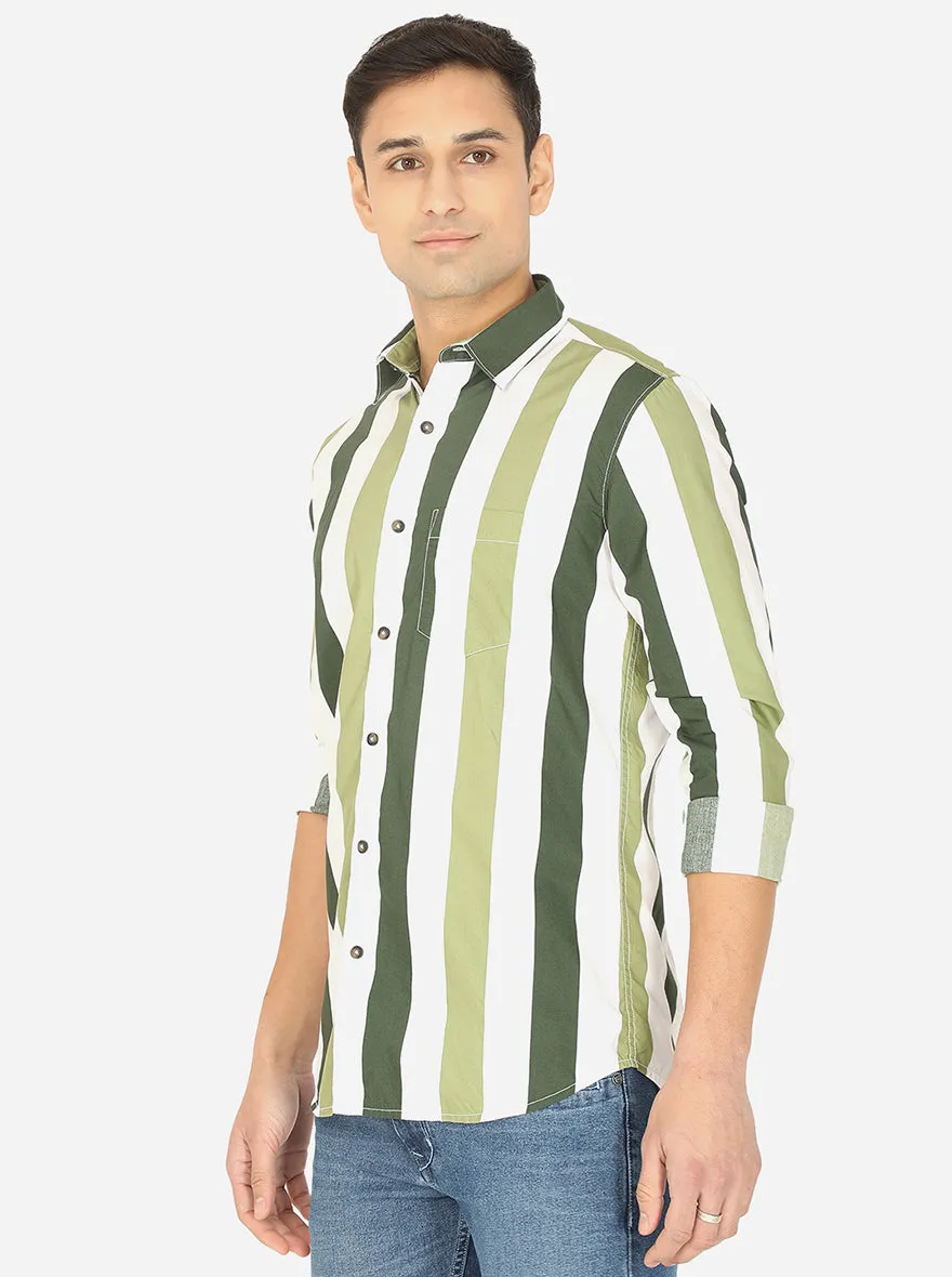 Forest Green & White Striped Slim Fit Semi Casual Shirt | JadeBlue