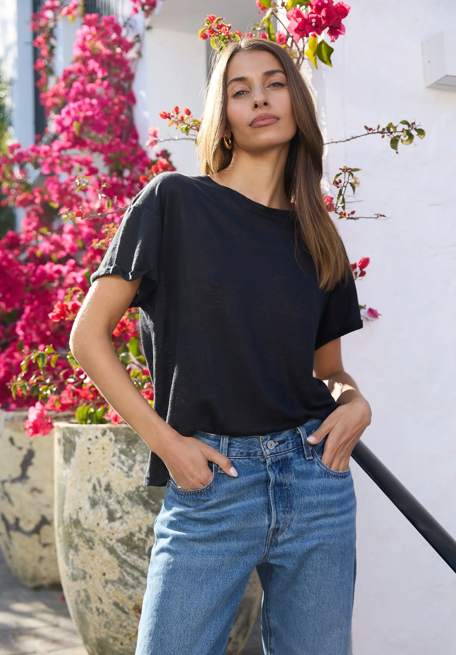 Francy-Linen Black Rolled Sleeve T-Shirt