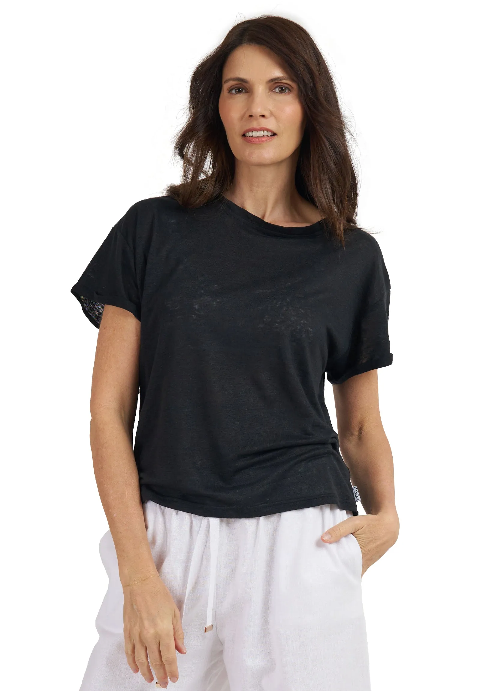 Francy-Linen Black Rolled Sleeve T-Shirt