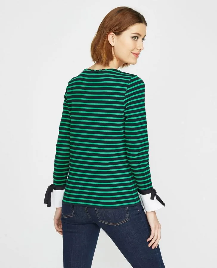 Green Striped Top with Bow Cuffs