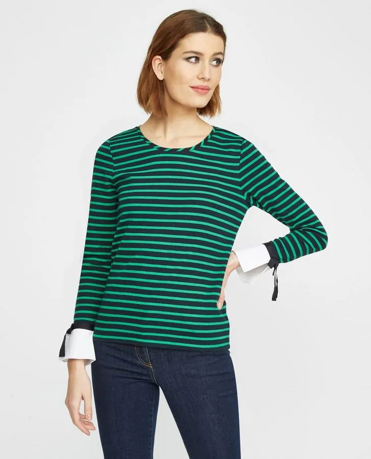 Green Striped Top with Bow Cuffs