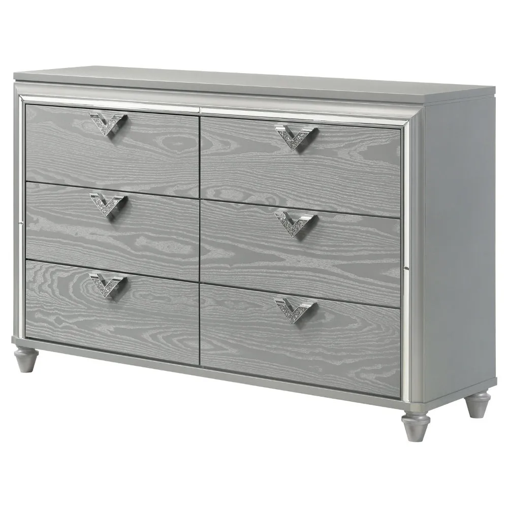 Haley Dresser, 6 Drawers, V Shape Glittering Handles, Light Silver Wood By Casagear Home