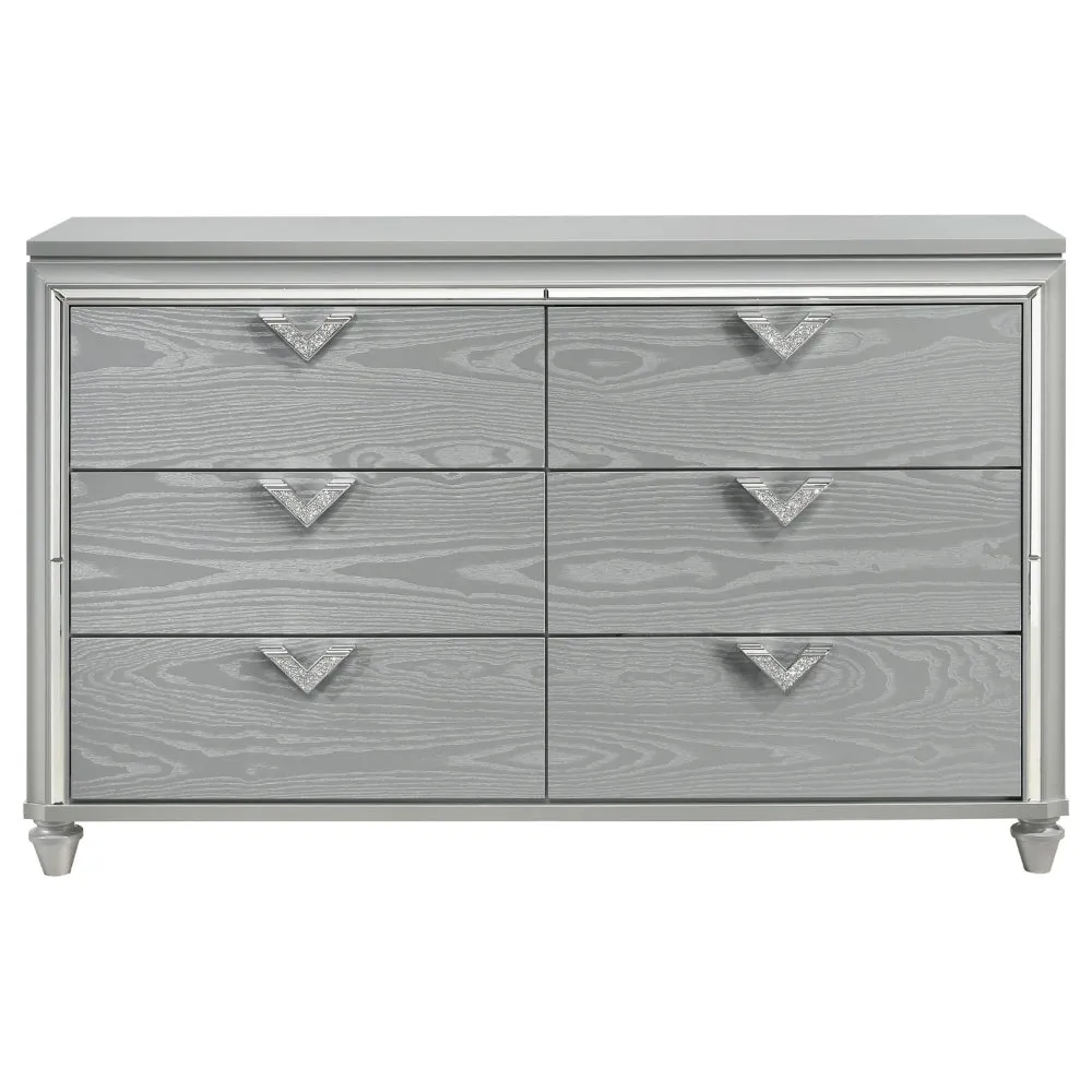 Haley Dresser, 6 Drawers, V Shape Glittering Handles, Light Silver Wood By Casagear Home