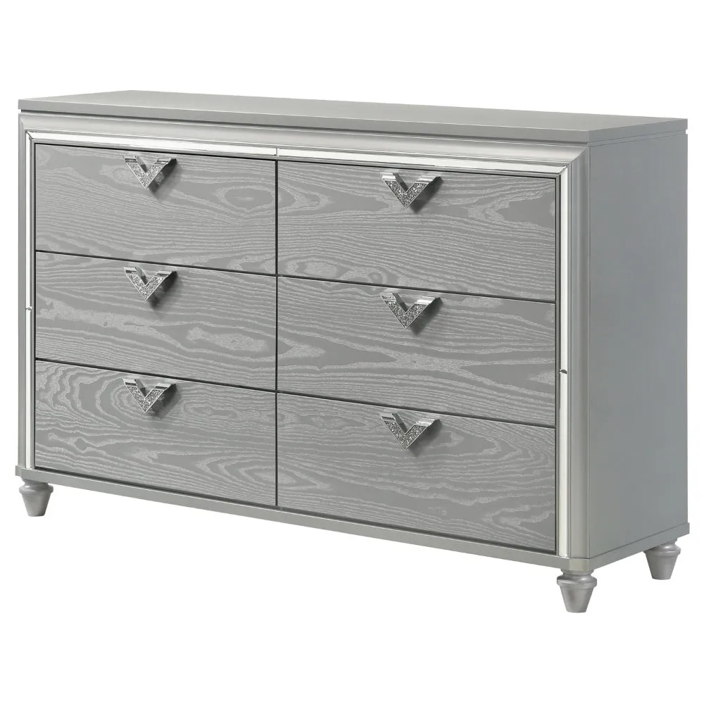 Haley Dresser, 6 Drawers, V Shape Glittering Handles, Light Silver Wood By Casagear Home