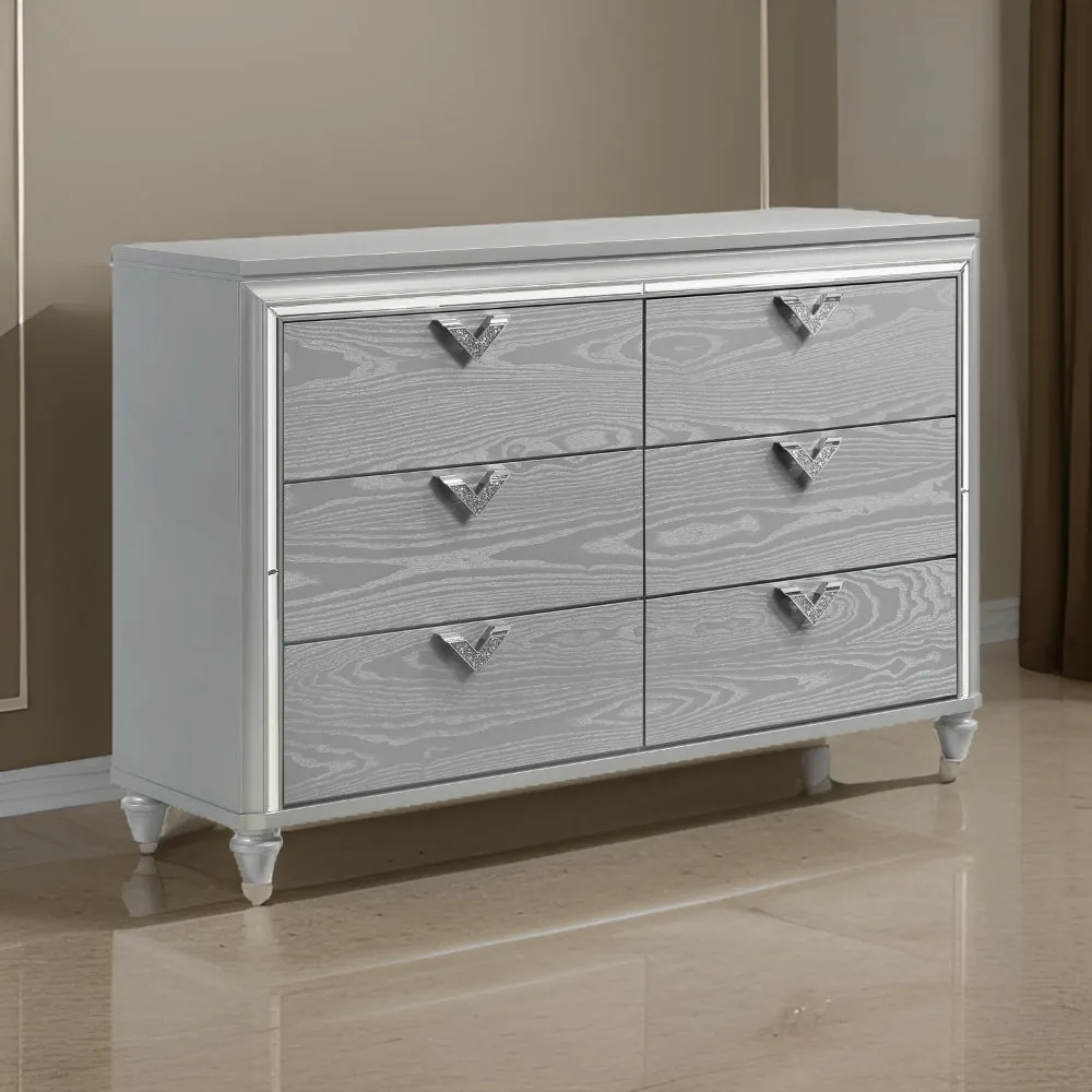 Haley Dresser, 6 Drawers, V Shape Glittering Handles, Light Silver Wood By Casagear Home