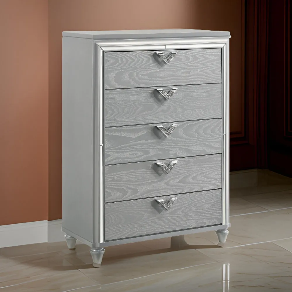 Haley Tall Dresser Chest, V Shaped Glittering Metal Handles, Light Silver By Casagear Home