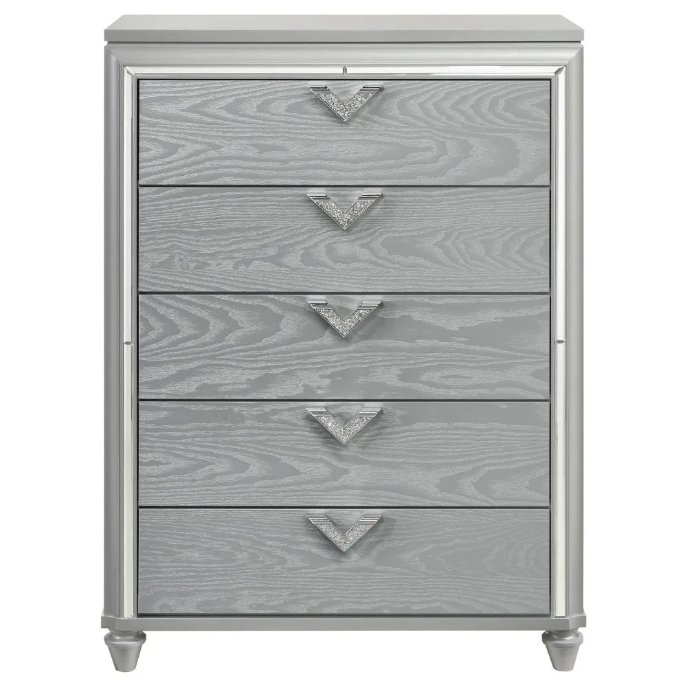 Haley Tall Dresser Chest, V Shaped Glittering Metal Handles, Light Silver By Casagear Home